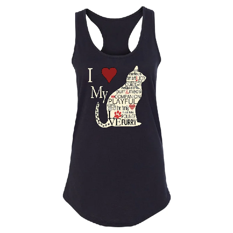 Zexpa Apparel™ I Love My Cat Women's Racerback Furry Playful Cat Silhouette Shirt Elegant Classic Vintage