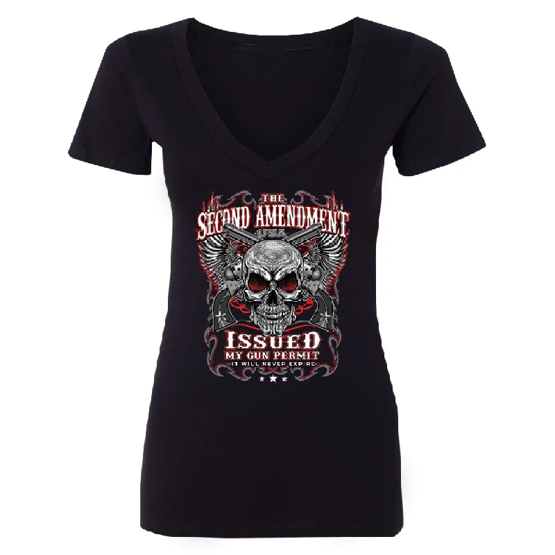 Zexpa Apparel™ Second Amendment Never Expire Skull Women's Deep V-neck Souvenir Tee Zippered Front Buttoned Front Snap Front