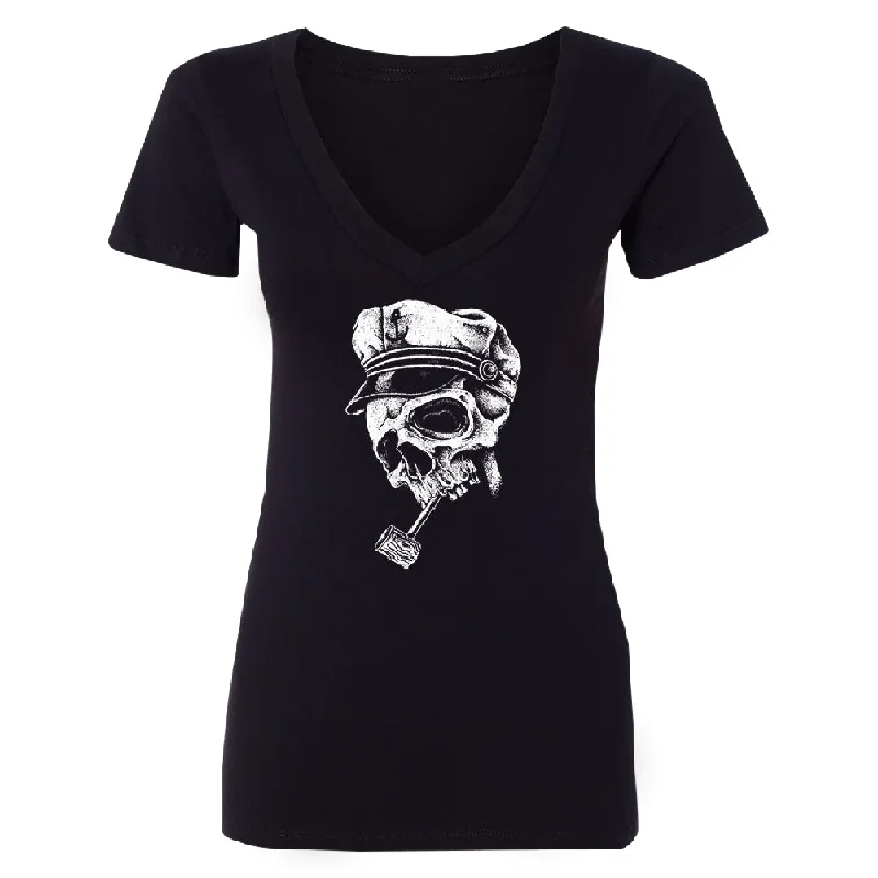 Zexpa Apparel™ Skull Captain Hat & Pipe Women's Deep V-neck Souvenir Tee Anti-Pilling Machine Wash Handmade