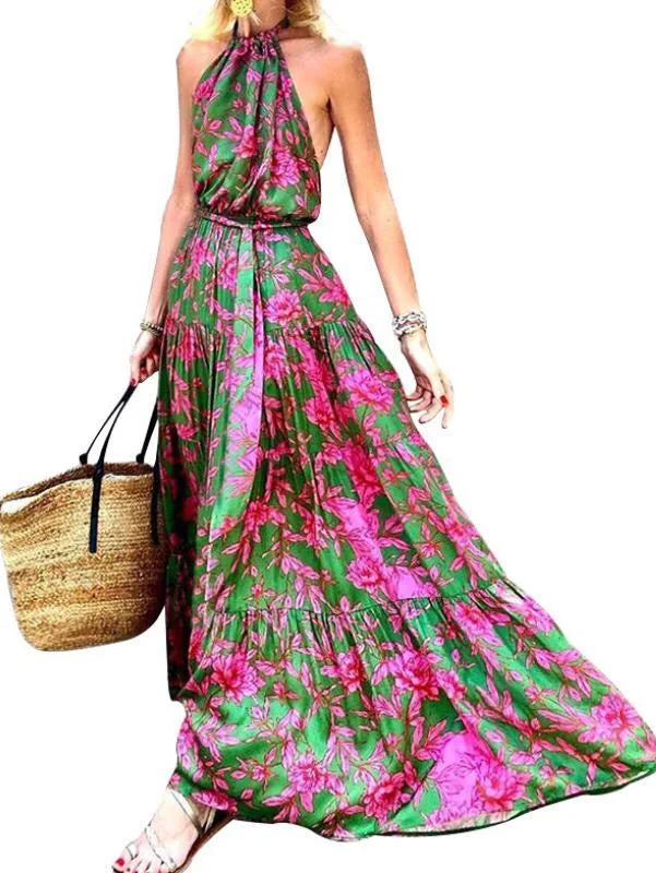 2023 summer new women's halter neck sexy backless beach boho print Maxi dress Elegant Maxi Dress with Ruffles