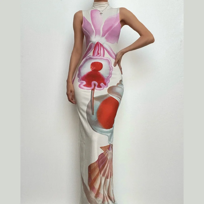 Abstract contrast print high neck sleeveless slit maxi dress Elegant Maxi Dress with Slit Abstract contrast print high neck sleeveless slit maxi dress Elegant Maxi Dress with Slit