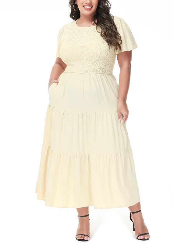 Anna-Kaci Women's Plus Size Casual Round Neck Flutter Short Sleeve Elastic Waist Smocked Tiered Maxi Dress by Anna-Kaci Trendy Floral Print Maxi Dress