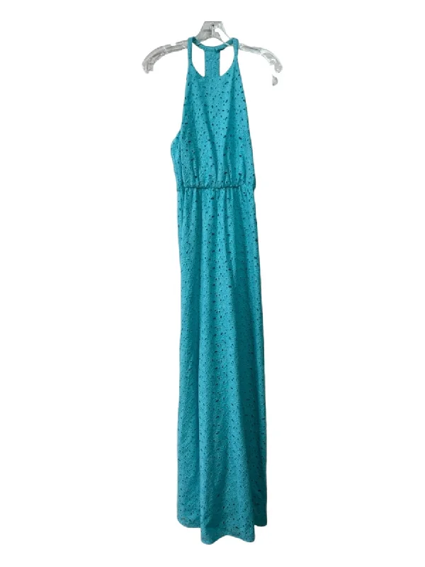 Annie Griffin Size 2 Bright Blue Cotton Halter Neck Lace Overlay Maxi Dress Classic Strapless Maxi Dress