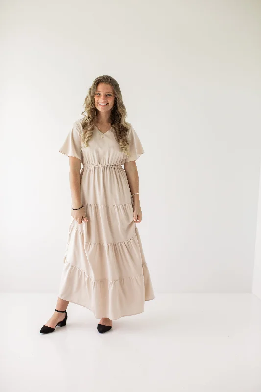 'Aria' Muted Satin Flutter Sleeve Tiered Maxi Dress in Champagne Fashionable Off-Shoulder Maxi Dress