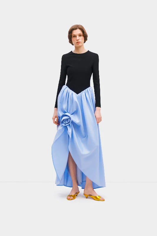 Aurora Maxi Dress with Rose Detail in Blue Elegant Maxi Dress with Slit