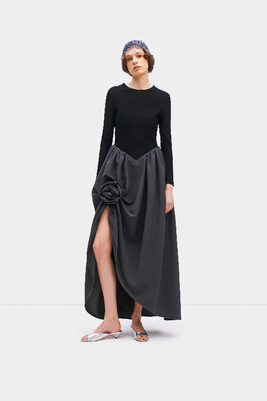 Aurora Maxi Dress with Rose Detail in Grey Cozy Maxi Dress with Slit