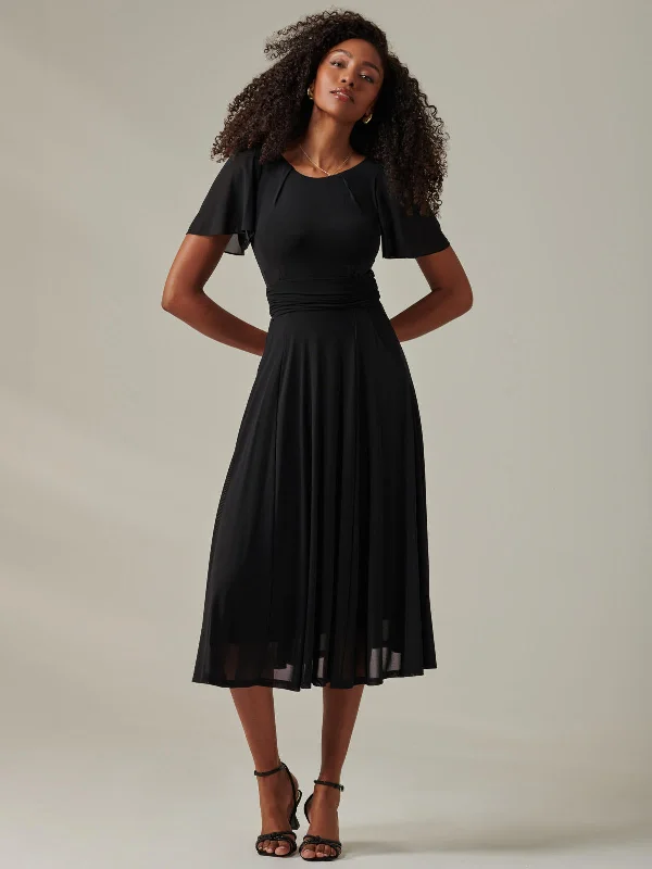 Ayla Plain Mesh Maxi Dress, Black Elegant Pleated Maxi Dress
