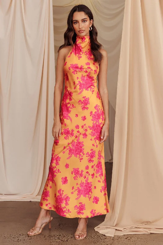 BACKLESS HALTERNECK SATIN MAXI DRESS ST5085D-1 Cozy Ruffle Sleeve Maxi Dress