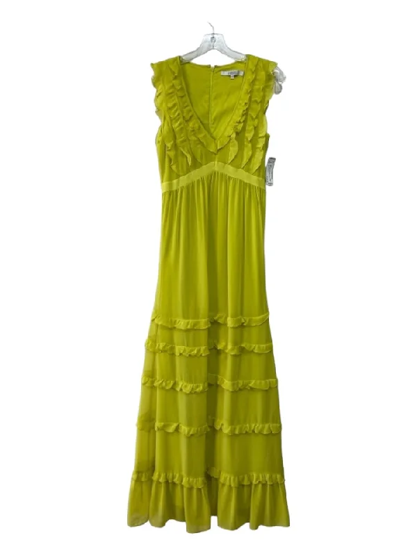 Badgley Mischka Size 2 Neon Green Polyester V Neck Ruffle Sleeveless Maxi Dress Stylish Maxi Dress with Pleats