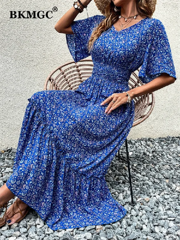 BKMGC Loose Short Sleeve Mid Waist V-neck A-line Maxi Dress Cozy Longline Maxi Dress