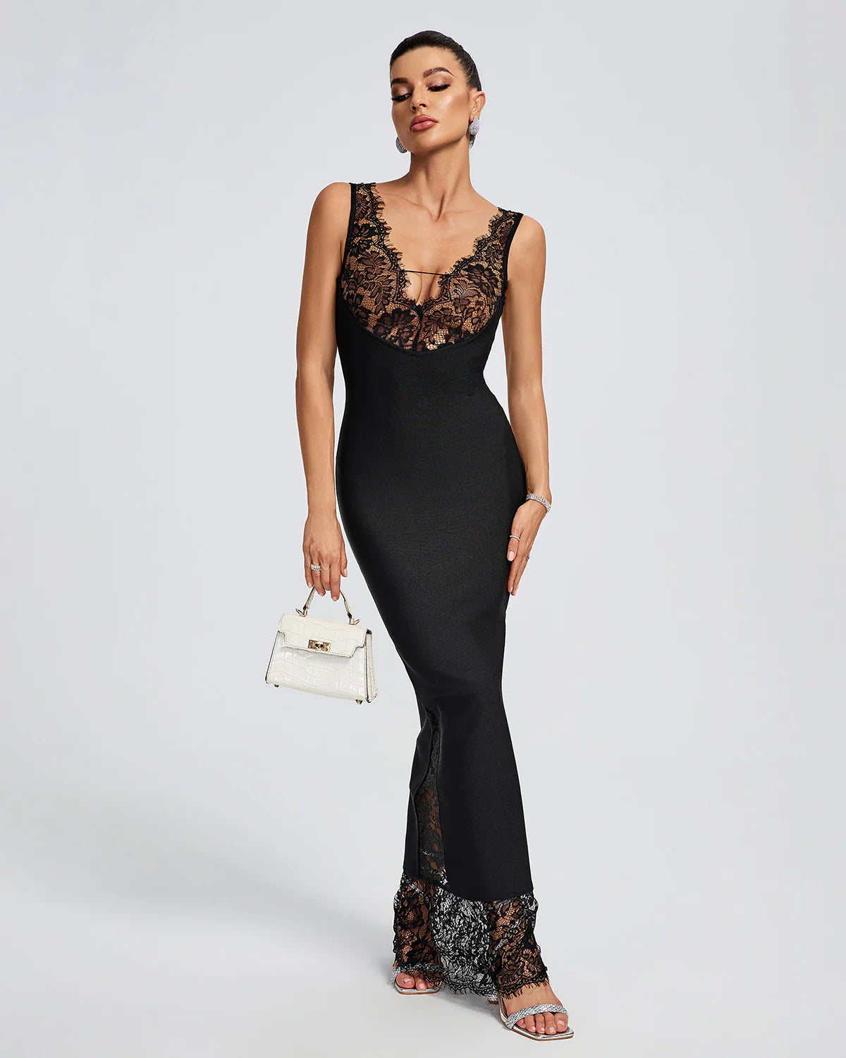 Black Lace V-Neck Bandage Maxi Dress Comfortable Ruffle Hem Maxi Dress