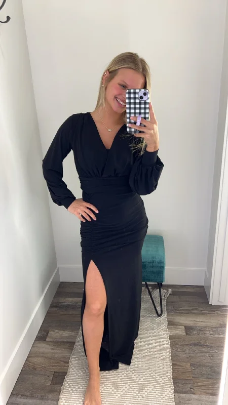 Black Surplice Neck and Puff Sleeve Maxi Dress Classic V-Neck Maxi Dress