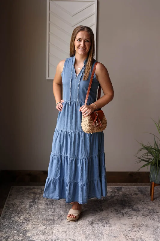Blue Chambray Sleeveless Tiered Maxi Dress • S Trendy Maxi Dress with Lace