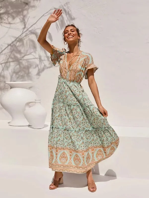 2023 Summer Boho Floral Printed Maxi Dress V Neck Sexy Ruffle Sleeve Vintage Vestidos  Hippie Beach Casual Women Dresses Fashionable Asymmetrical Maxi Dress