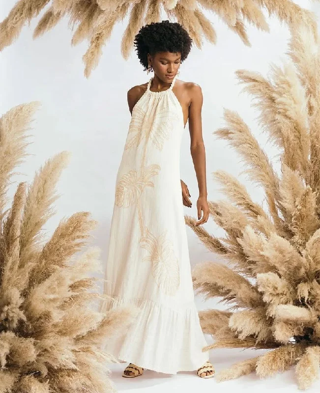 Cotton halter maxi dress with embroidery by Nay Elegant Pleated Maxi Dress