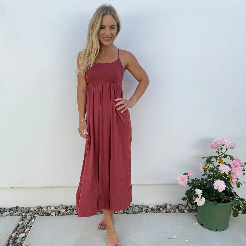Cherished Comfort Jersey Ankle Maxi Dress in Brick Classic Tulle Maxi Dress