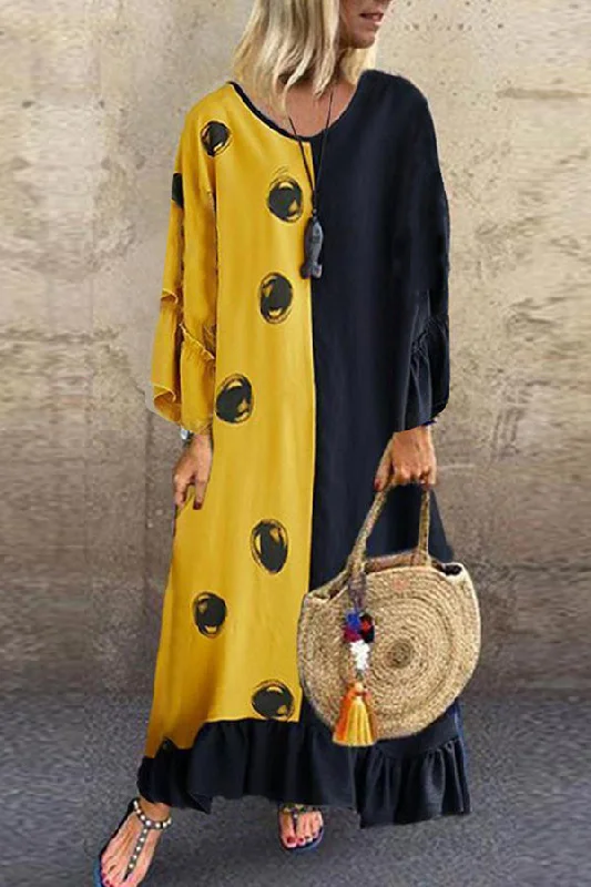 Color Block Printed Ruffle Maxi Dress Trendy Satin Maxi Dress