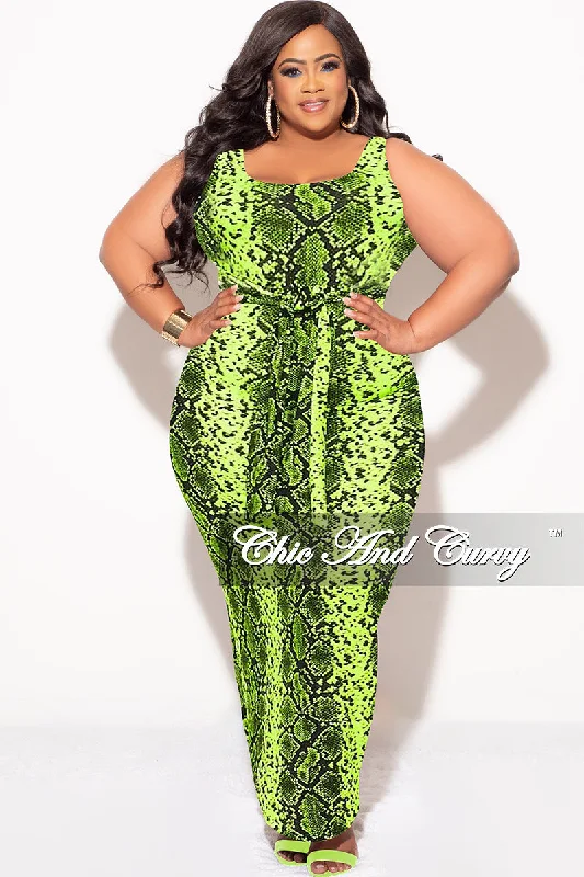 Final Sale Plus Size Sleeveless Maxi Dress with Waist Tie in Neon Green and Black Snake Print Trendy Maxi Dress with Belt Final Sale Plus Size Sleeveless Maxi Dress with Waist Tie in Neon Green and Black Snake Print Trendy Maxi Dress with Belt