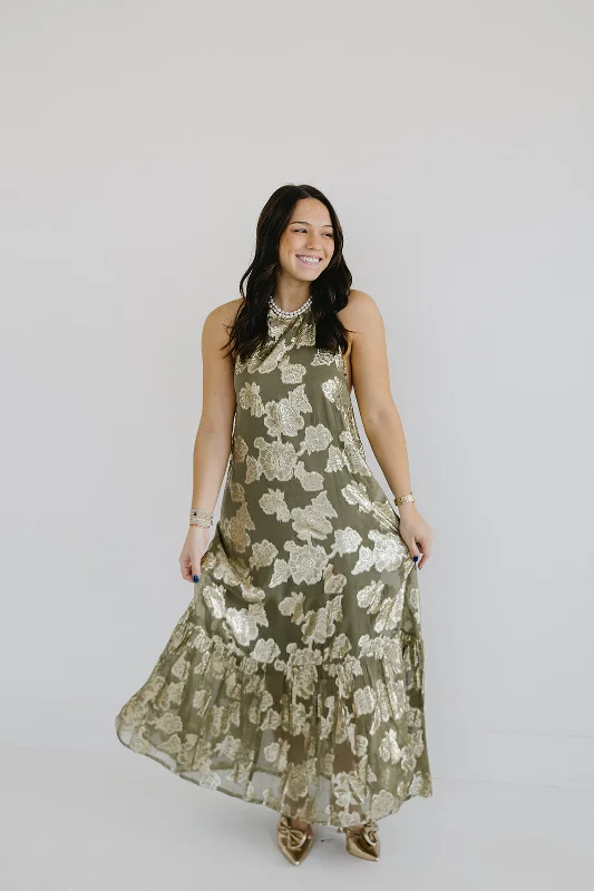 Cordelia Maxi Dress - Olive/Gold Elegant Maxi Dress with Belt