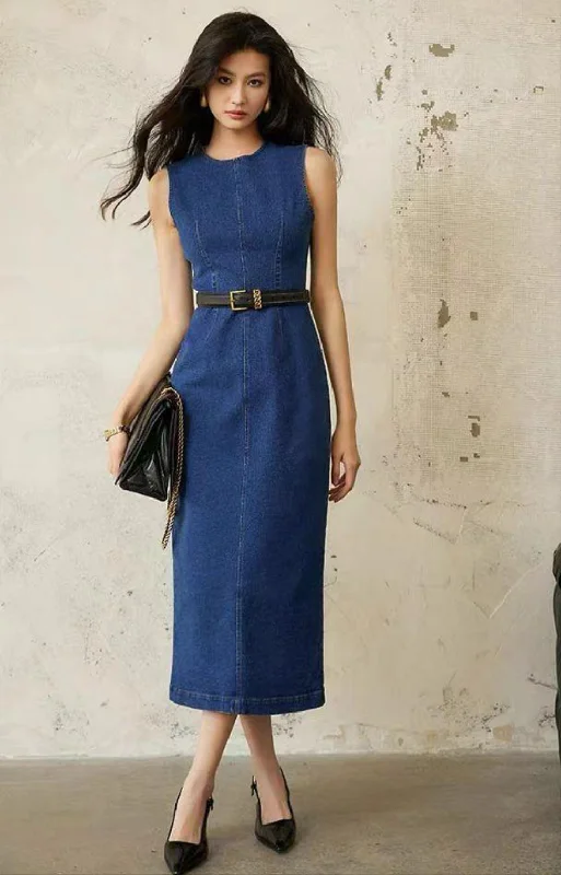 Denim Sleeevless Maxi Dress Cozy Ruffle Sleeve Maxi Dress