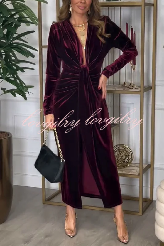 Creating Romance Velvet Ruched Drape Long Sleeve Stretch Maxi Dress Cozy Longline Maxi Dress