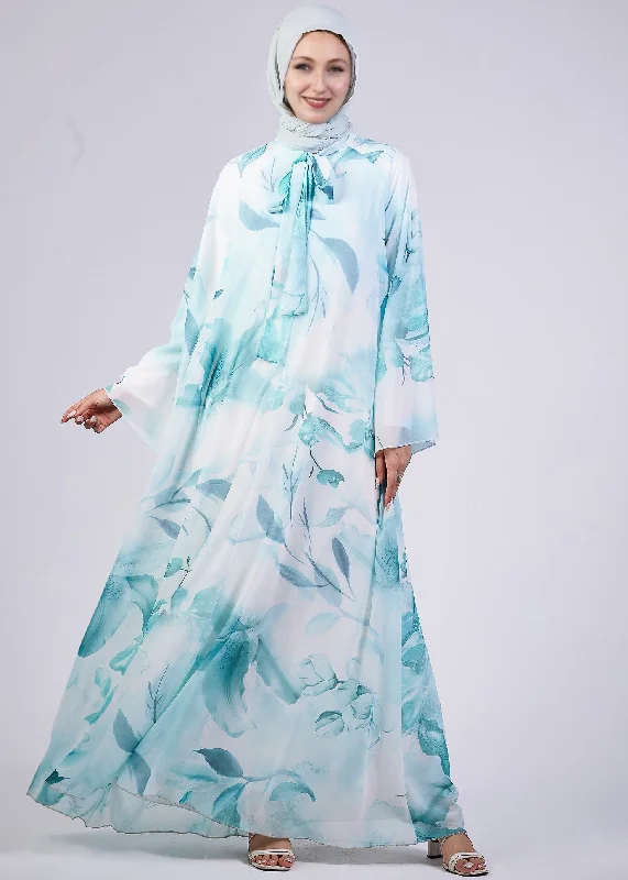 Rawan Elegance Floral Print Maxi Dress with High Neck and Flowing Sleeves Fashionable Halter Neck Maxi Dress