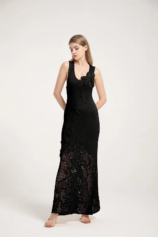 Elli Hand Crochet Floral Black Maxi Dress Fashionable Off-Shoulder Maxi Dress