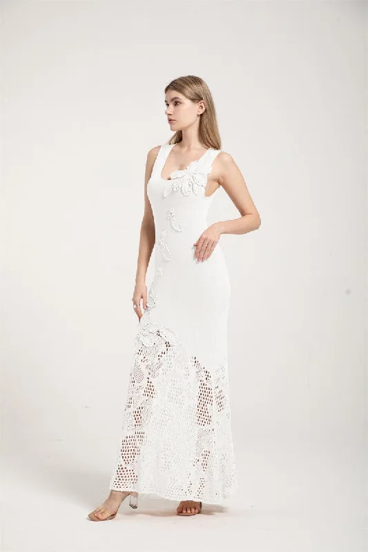 Elli Hand Crochet Floral White Maxi Dress Elegant Floral Maxi Dress