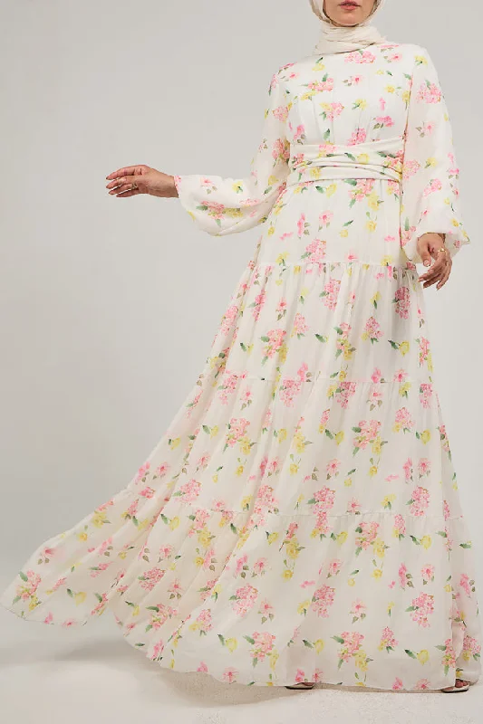 Fenara Floral Harmony Chiffon Maxi Dress with Enchanted Sleeves and Waist Tie Classic Tulle Maxi Dress
