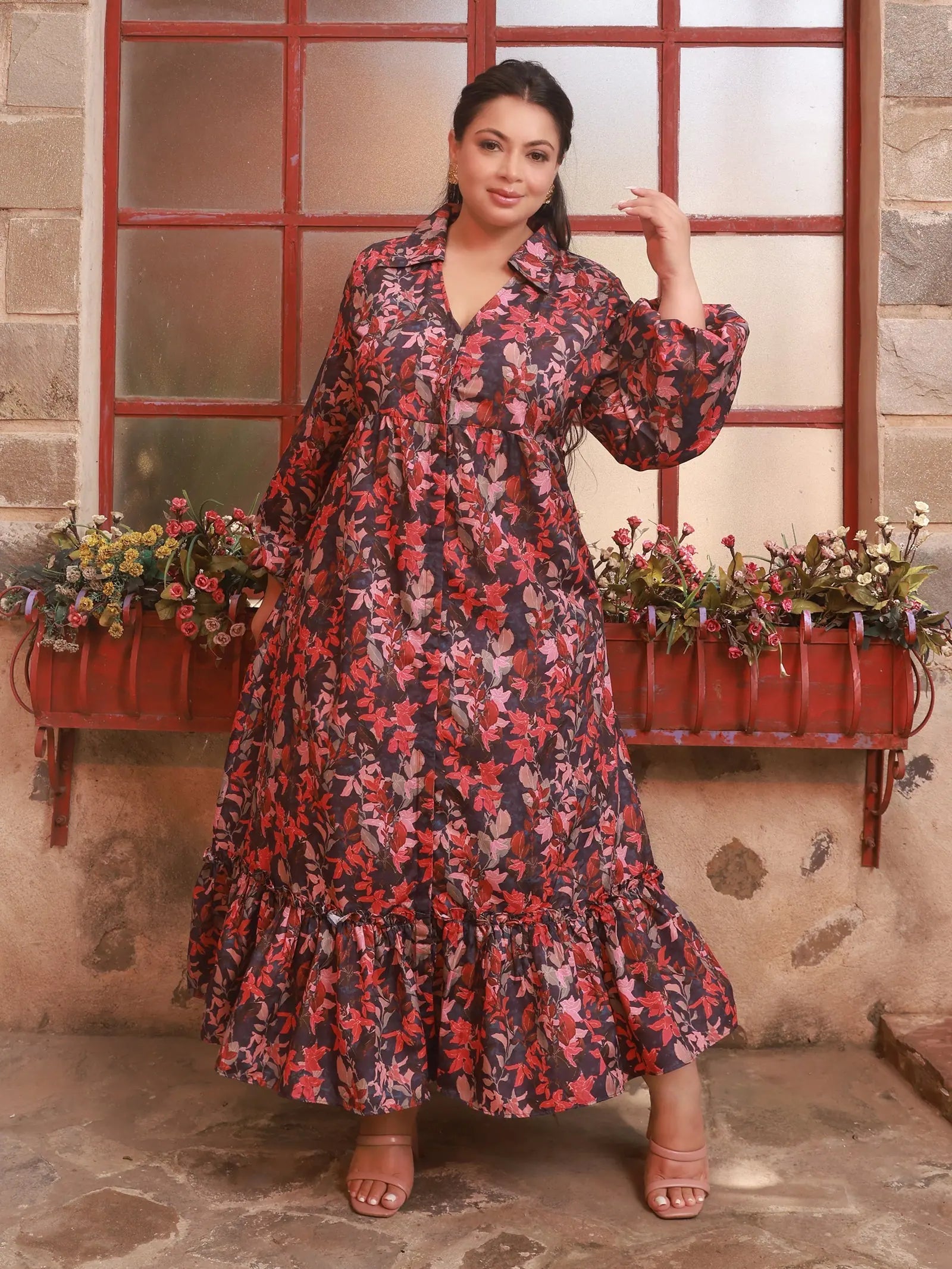 Floral Blue Button Down Maxi Dress Trendy Maxi Dress with Bow