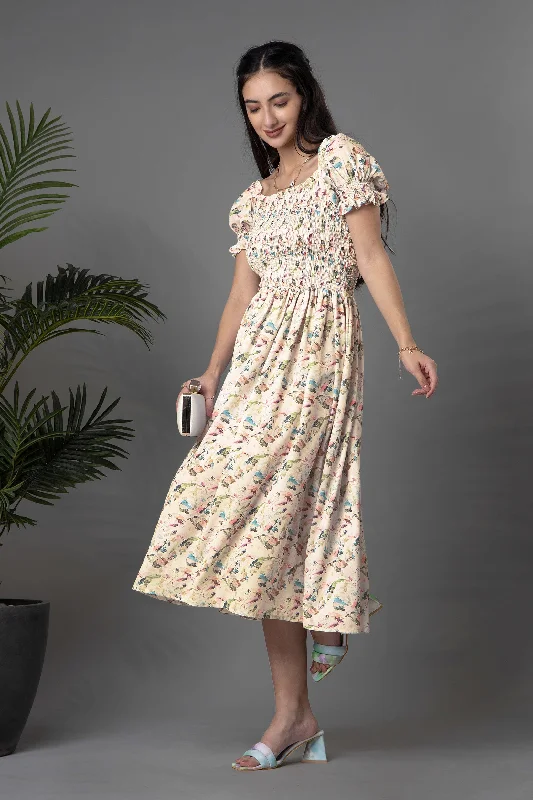 Floral Smoked Detail Maxi Dress Fashionable Off-Shoulder Maxi Dress