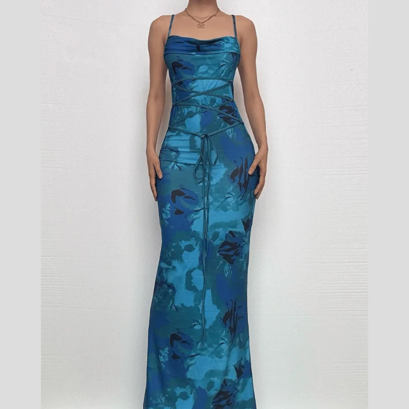 Flower print self tie cowl neck backless cami maxi dress Elegant Maxi Dress with Pockets Flower print self tie cowl neck backless cami maxi dress Elegant Maxi Dress with Pockets