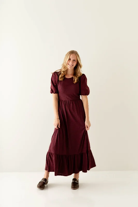 'Glory' Cotton Blend Ruffle Hem Maxi Dress in Merlot Trendy Maxi Dress with Belt