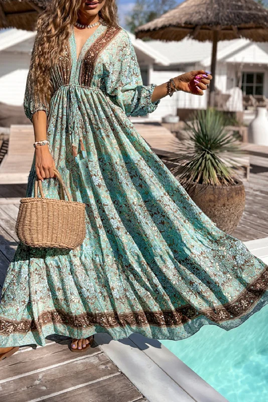 Green Boho Floral Print Lace-up Open Back High Waist Maxi Dress Cozy Maxi Dress with Slit