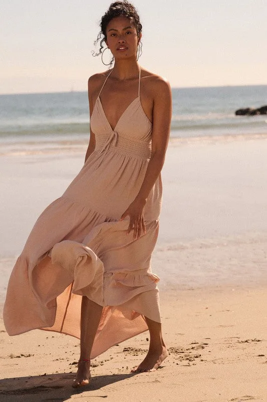 HALTER STYLE MAXI DRESS (SAND) Stylish Off-Shoulder Maxi Dress