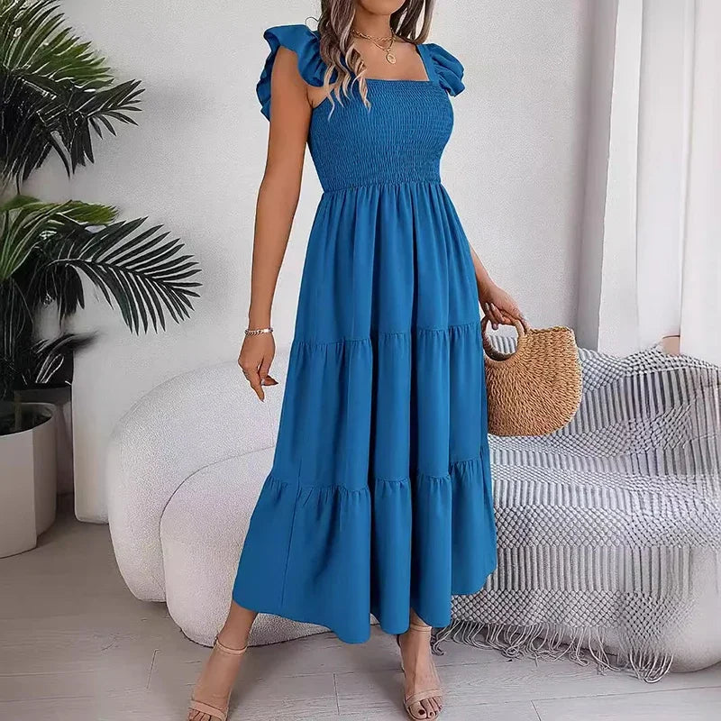 HELIAR Women Pleated Ruffles Sweet Dress Off Shoulder Solid Loose Office A-line Elegant Maxi Dress Beach Party Vestidos Summer Chic Button-Up Maxi Dress HELIAR Women Pleated Ruffles Sweet Dress Off Shoulder Solid Loose Office A-line Elegant Maxi Dress Beach Party Vestidos Summer Chic Button-Up Maxi Dress
