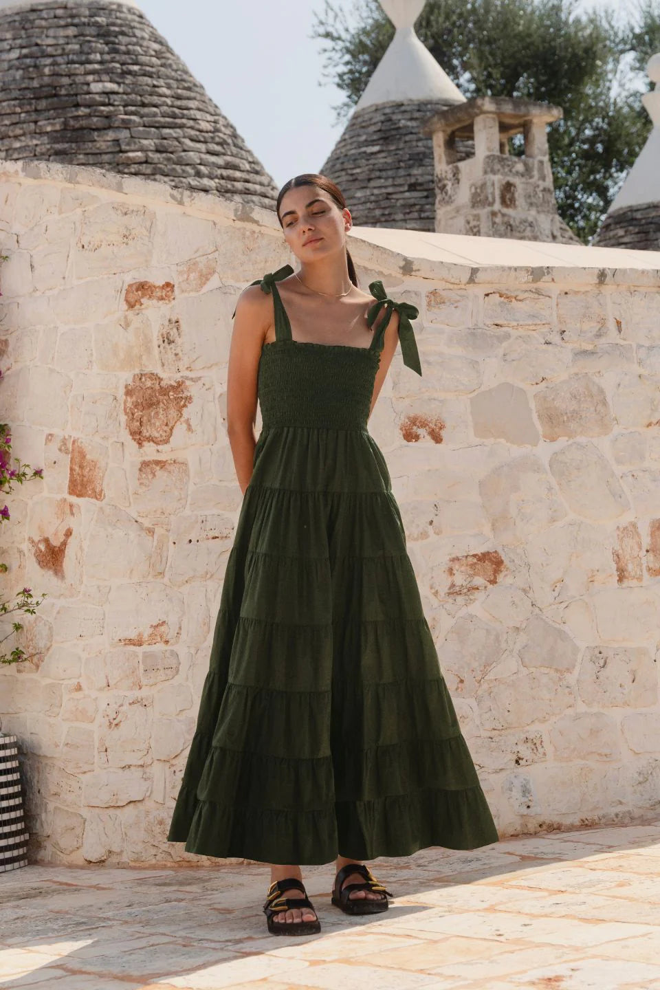 Isabella Poplin Maxi Dress Khaki Elegant Lace-Up Maxi Dress