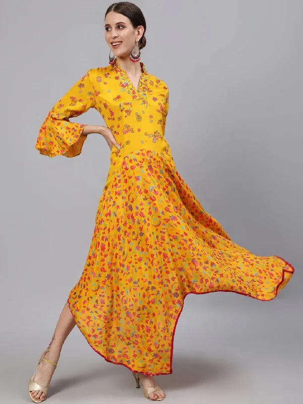 Ishin Women's Mustard Yellow Floral PrintedMaxi Dress Elegant Pleated Maxi Dress