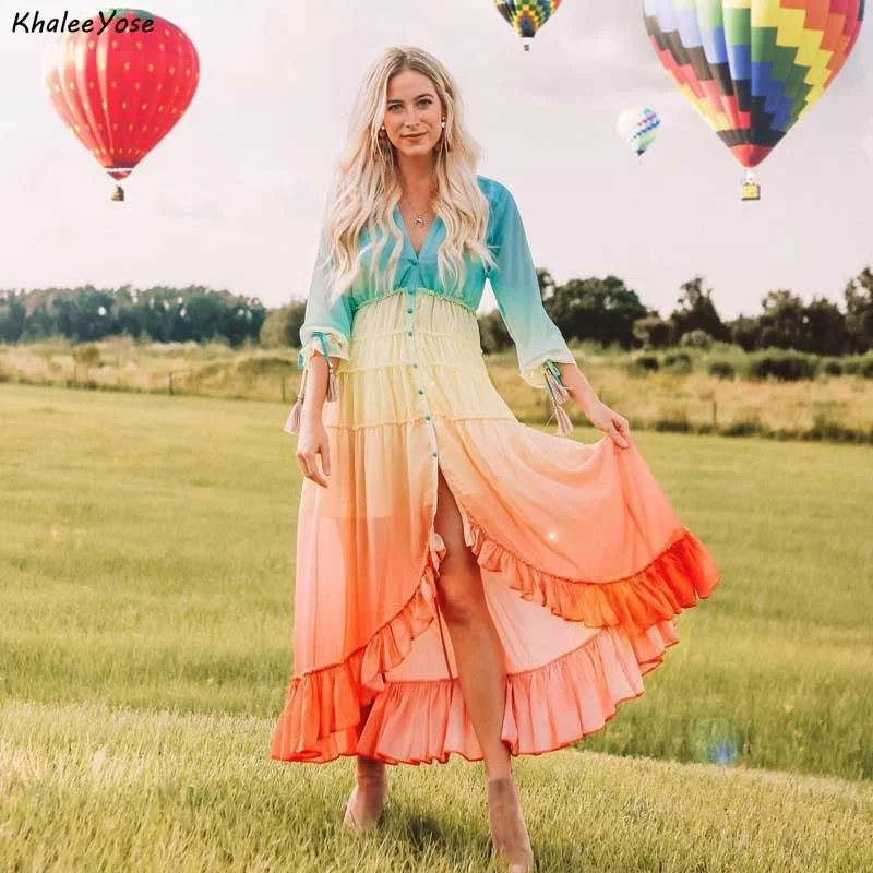 KHALEE YOSE Rainbow Maxi Dress Fashionable High-Waist Maxi Dress