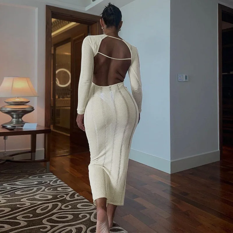 Knitted Open-Back Crew-Neck Maxi Dress Trendy Fit-and-Flare Maxi Dress
