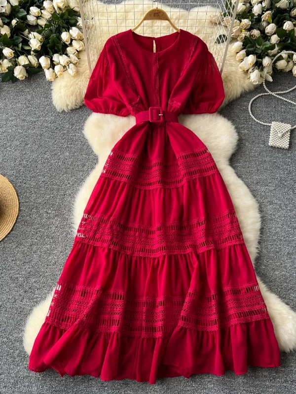 Lace Belt Red A Line Maxi Dress Chic Summer Maxi Dress