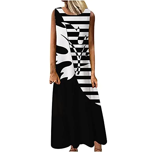 Ladies Summer Casual Print Dress O-Neck Sleeveless Loose Long Dress UK Size Evening Gowns Work Maxi Dress | Original Brand Chic Summer Maxi Dress