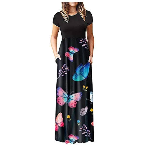 Ladies's Summer O-Neck Dress Beach Floral Butterfly Print Casual Dress Maxi Dress Beach T-Shirt Dress UK Size S-5XL | Original Brand Chic Boho Print Maxi Dress