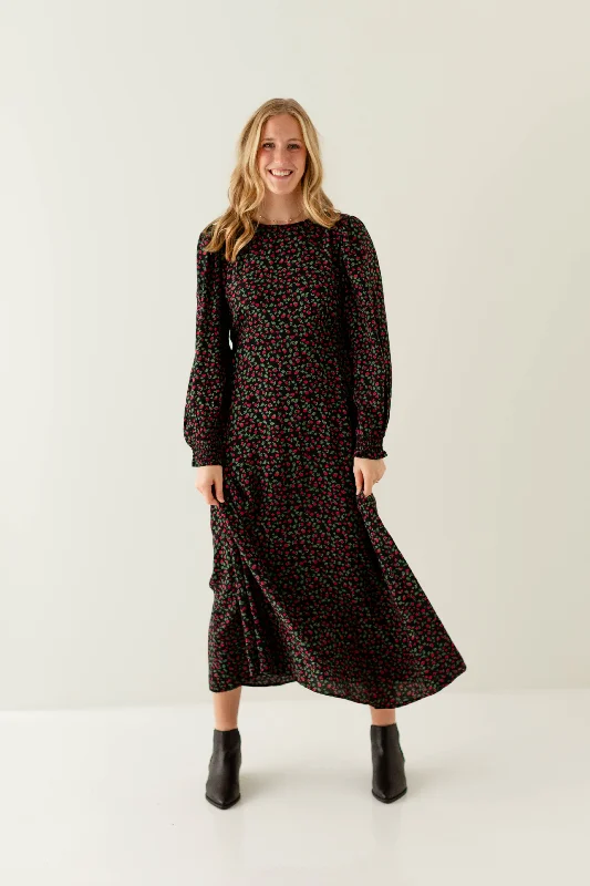 'Laurel' Floral Long Sleeve Maxi Dress in Black Comfortable Bohemian Maxi Dress