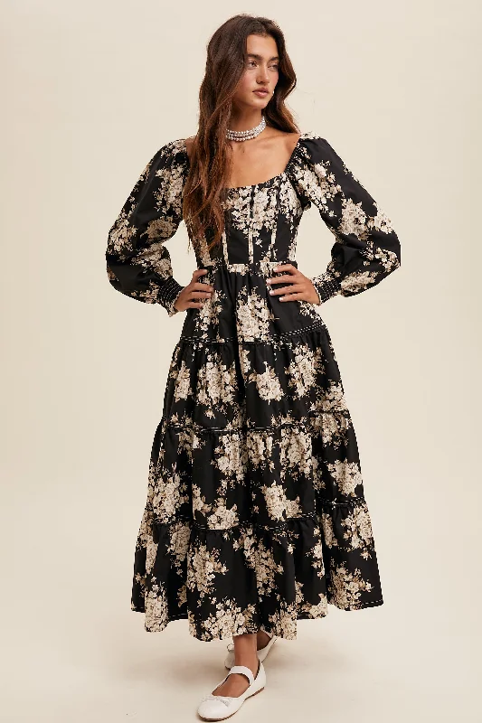 Floral Print Corset Bodice Maxi Dress Comfortable Ruffle Hem Maxi Dress