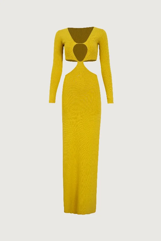 Long Sleeve Cut Out Maxi Dress (Chartreuse) Cozy Knit Maxi Dress