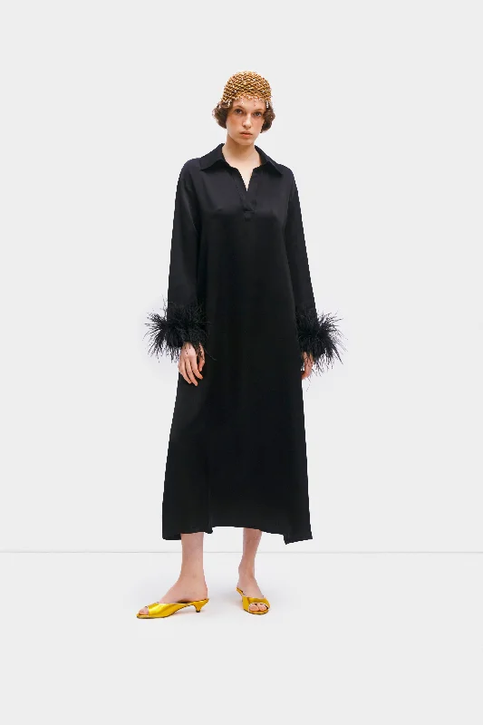 Luna Maxi Dress with Detachable Feathers in Black Comfortable Fitted Maxi Dress