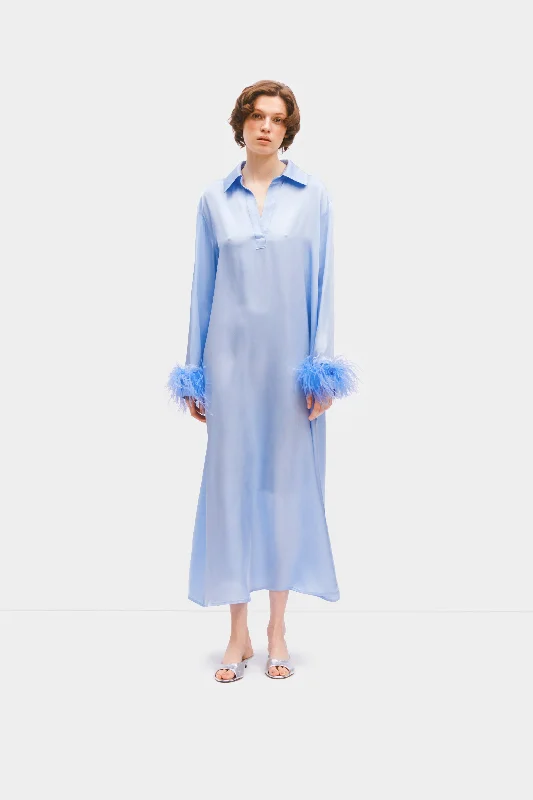 Luna Maxi Dress with Detachable Feathers in Blue Elegant Maxi Dress with Drapes