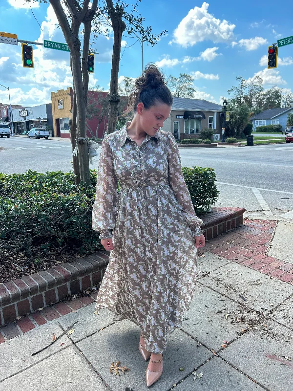 “Make My Day” Maxi Dress in Taupe Stylish Maxi Dress with Frills