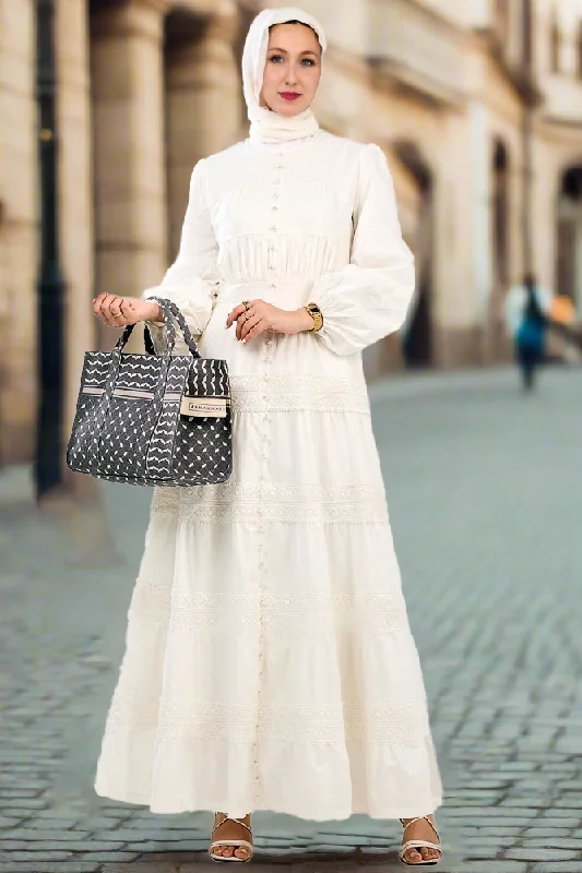 Manisa Long Sleeve Boho Maxi Dress with Delicate Mock Buttons and Lace Detail Skirt in White Comfortable Pleated Maxi Dress